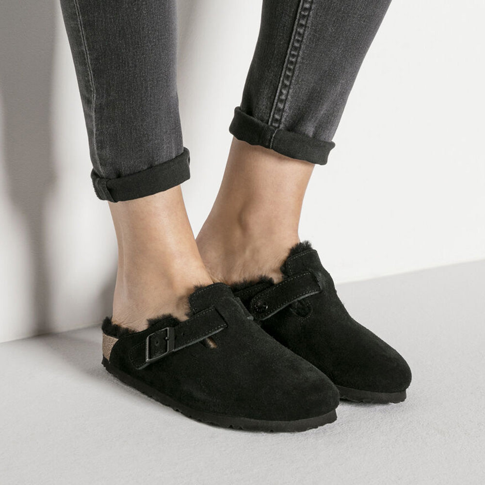 Birkenstock Boston Shearling Suede Leather in Black (Narrow Width)