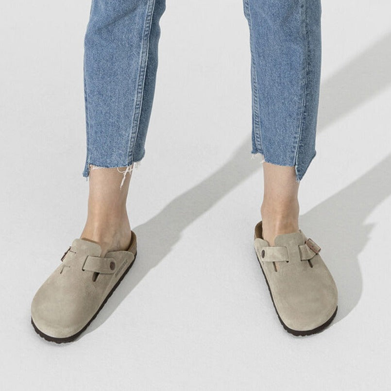 Birkenstock Women's Boston Softbed Suede Leather in Taupe (Narrow Width)