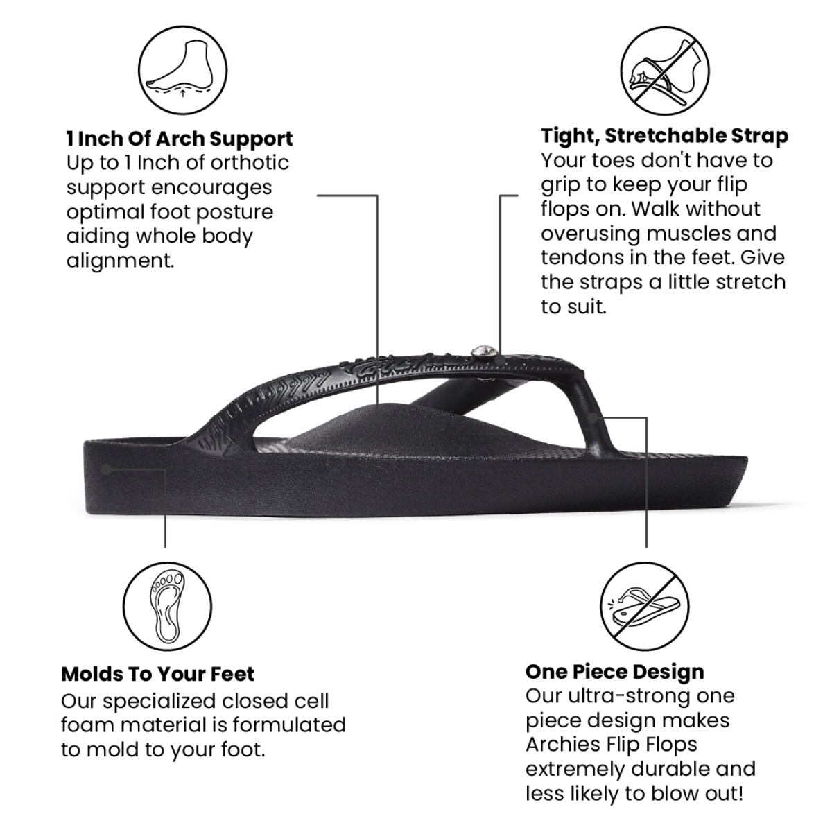Archies Women's Crystal Arch Support Flip Flops in Black