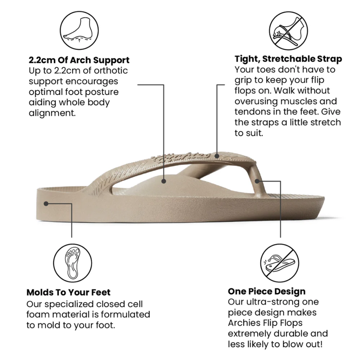 Archies Women's Arch Support Flip Flops in Taupe