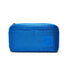 A bright blue zippered toiletry bag with a small square embossed logo patch on the front, shown against a plain white background.