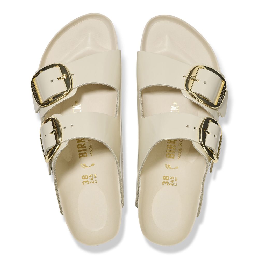 Birkenstock Women's Arizona Big Buckle Natural Leather Patent in High Shine Ecru (Narrow Width)