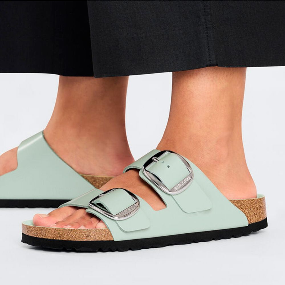 Birkenstock Women's Arizona Big Buckle Natural Leather Patent in High Shine Surf Green (Narrow Width)