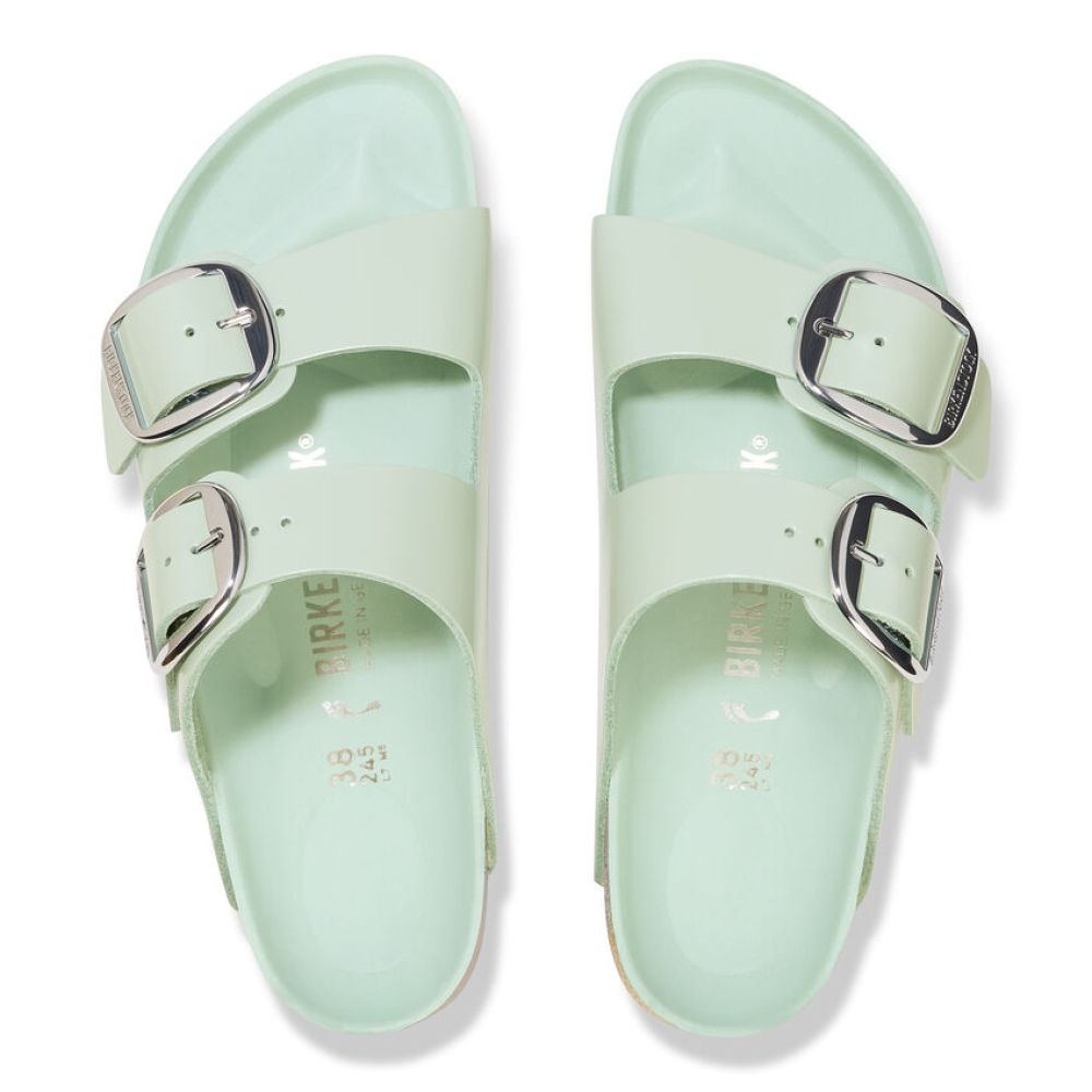 Birkenstock Women's Arizona Big Buckle Natural Leather Patent in High Shine Surf Green (Narrow Width)