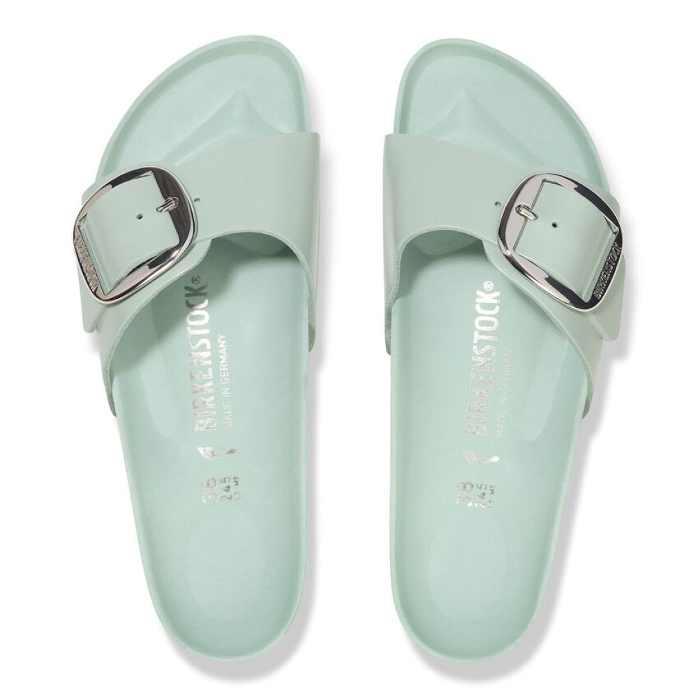 Birkenstock Women's Madrid Big Buckle Natural Leather Patent in High-Shine Surf Green (Narrow WIdth)