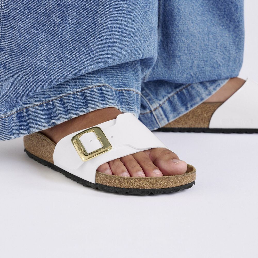 Birkenstock Women's Catalina Luxe Buckle Birko-Flor in Patent White (Narrow Width)