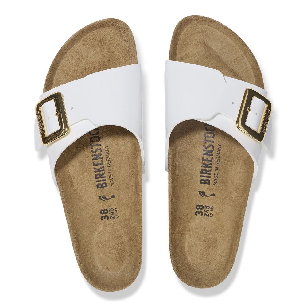 Birkenstock Women's Catalina Luxe Buckle Birko-Flor in Patent White (Narrow Width)