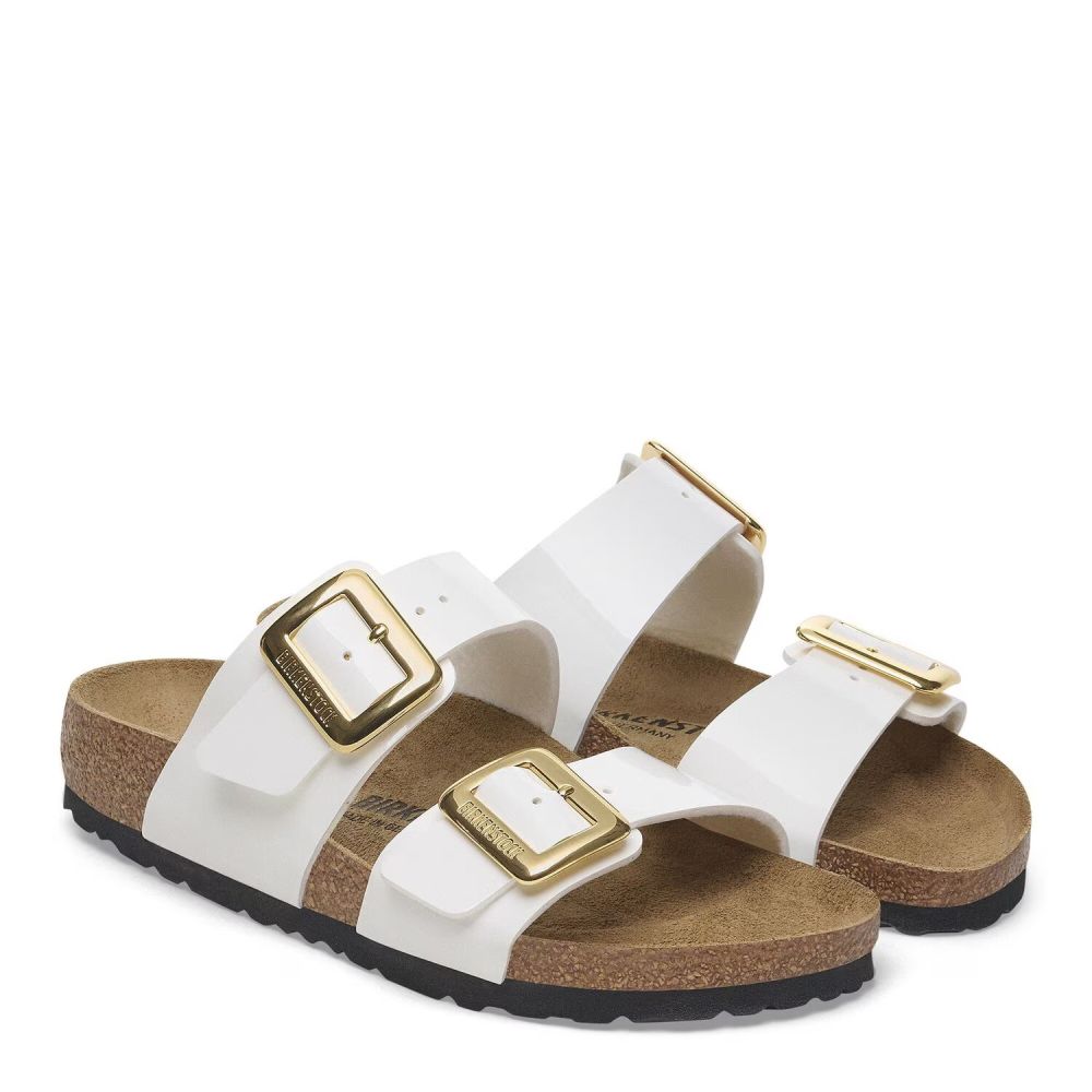 Birkenstock Women's Sydney Luxe Buckle Birko-Flor in Patent White (Narrow Width)