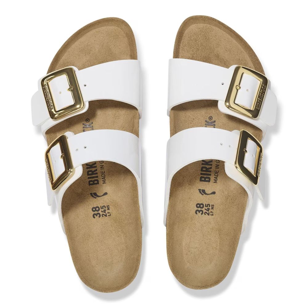 Birkenstock Women's Sydney Luxe Buckle Birko-Flor in Patent White (Narrow Width)