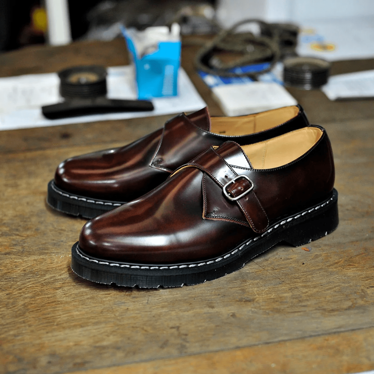 Solovair Single Buckle Monk Shoe in Burgundy Rub-Off - Getoutside Shoes