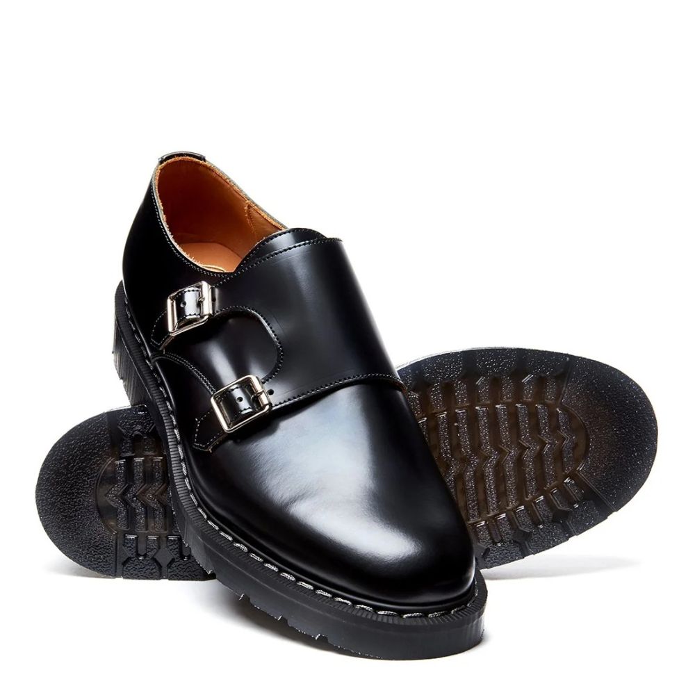 Solovair Double Buckle Monk in Black Hi-Shine